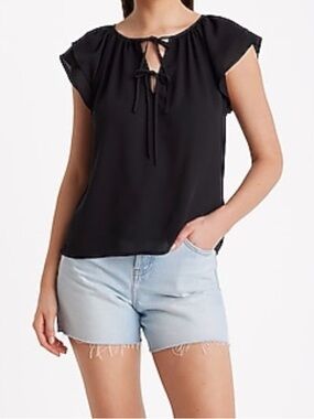 Ruffled Sleeve Tie Neck Blouse – Black
